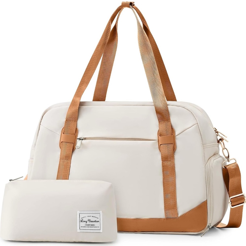 Cream colored Weekended Overnight Bag.